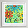Colorful floral artwork with 'Blessed' text in a white frame.