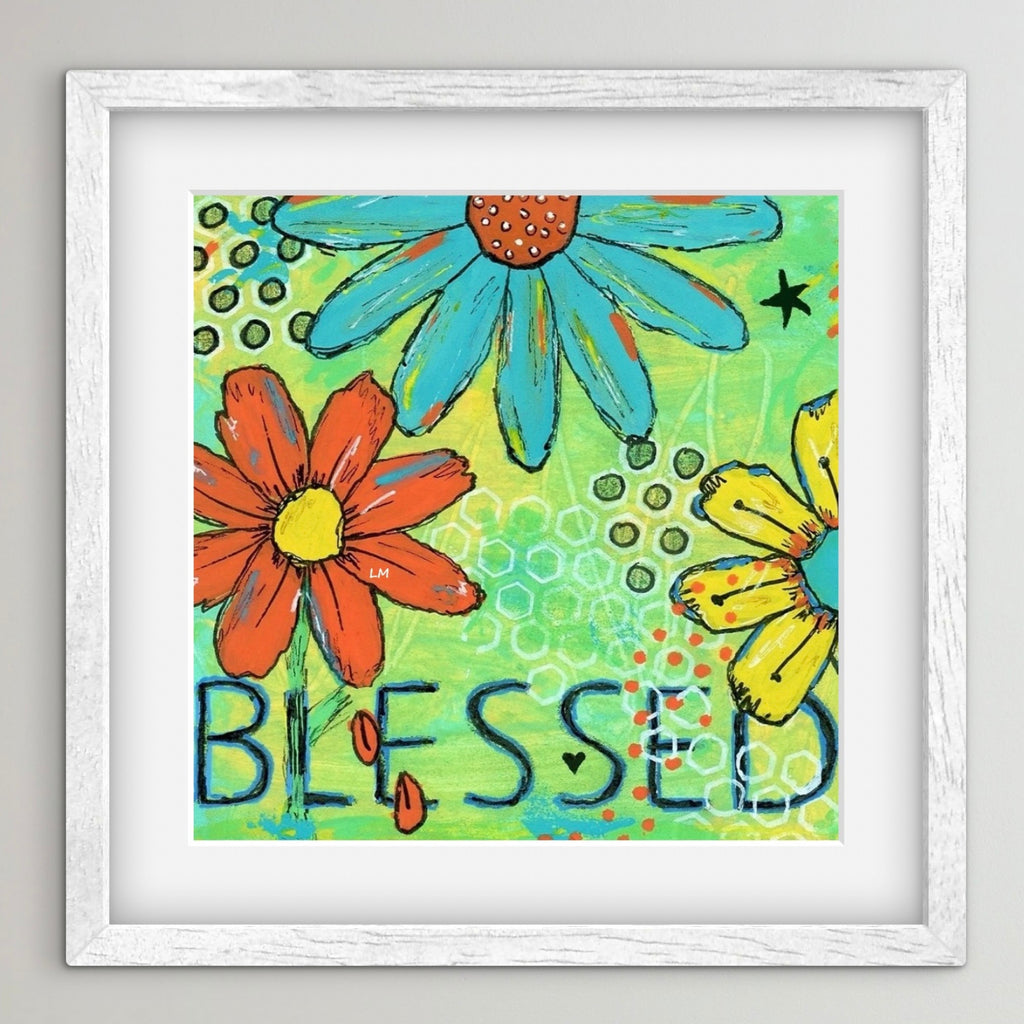 Colorful floral artwork with 'Blessed' text in a white frame.