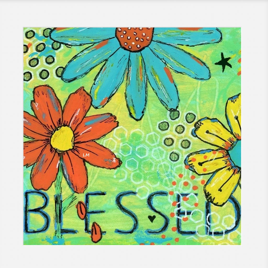 Colorful artwork with flowers and the word 'Blessed' on a green background
