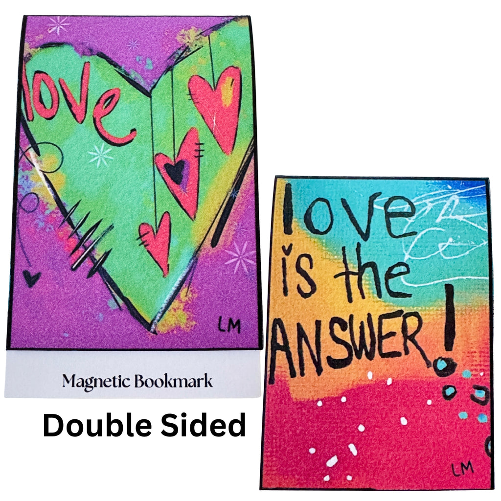 a double-sided magnetic bookmark with hand-painted hearts, stars, and text, displayed on a white background with the text 'Magnetic Bookmark' and 'Double Sided'.