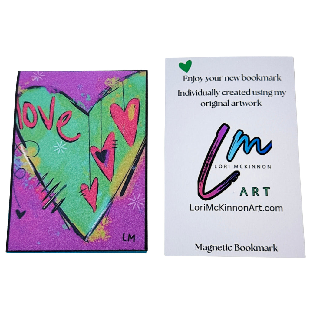 love artwork on a magnetic bookmark next to a paper with artist information