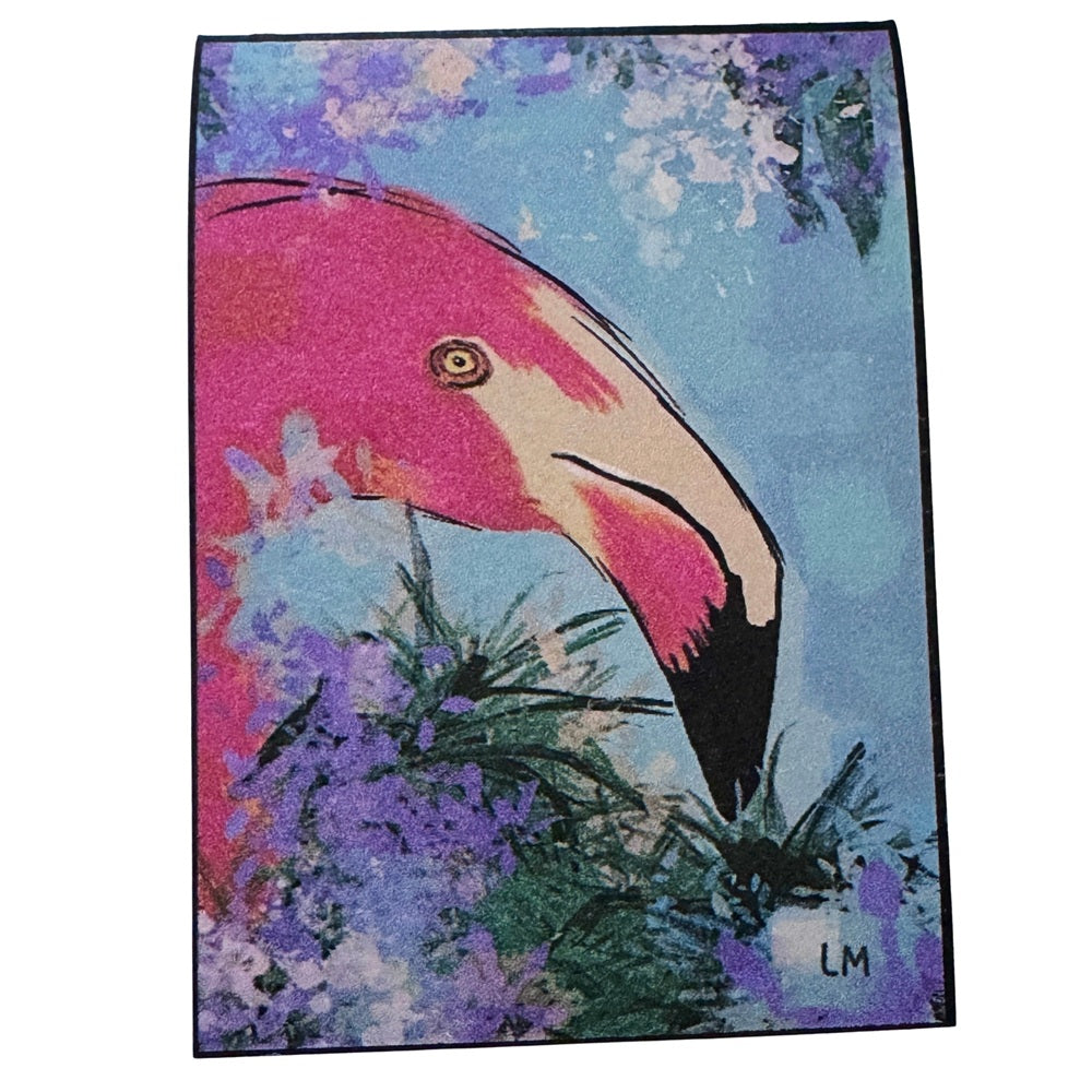 A rectangular bookmark featuring a stylized flamingo head in bright pink and magenta tones, surrounded by purple flowers and green foliage against a light blue background. The print has a black border and the initials 'LM' in the lower right corner.