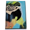 an art bookmark featuring a stylized close-up of a parrot head with bright blue, green, yellow, black, and orange tones, shown against a plain white background.