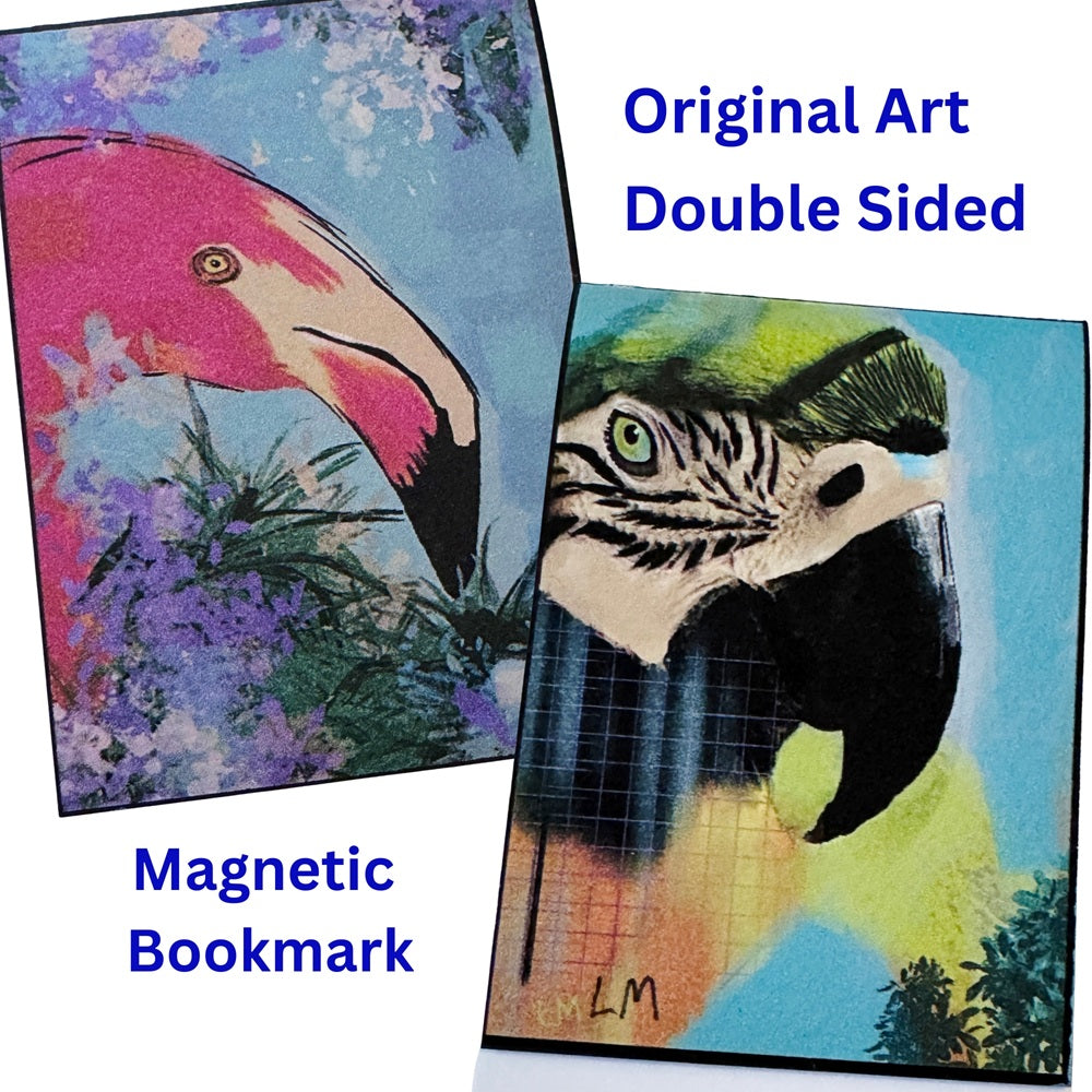 colorful magnetic bookmark featuring stylized bird portraits, with text reading 'Original Art Double Sided' and 'Magnetic Bookmark.'.