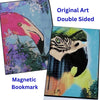 colorful magnetic bookmark featuring stylized bird portraits, with text reading 'Original Art Double Sided' and 'Magnetic Bookmark.'.