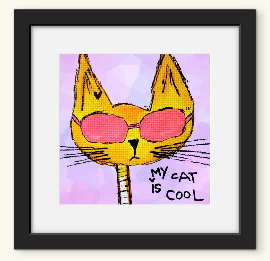 Framed artwork of a yellow cat wearing pink sunglasses with 'My Cat is Cool' text on a purple background.