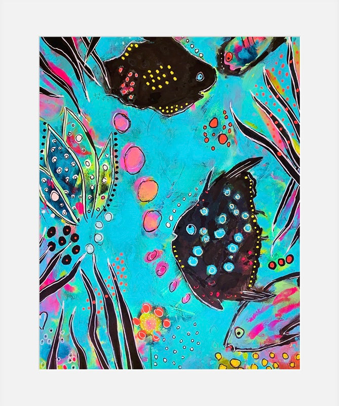 Colorful abstract art of fish and underwater elements on a blue background