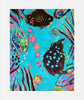 Colorful abstract art of fish and underwater elements on a blue background