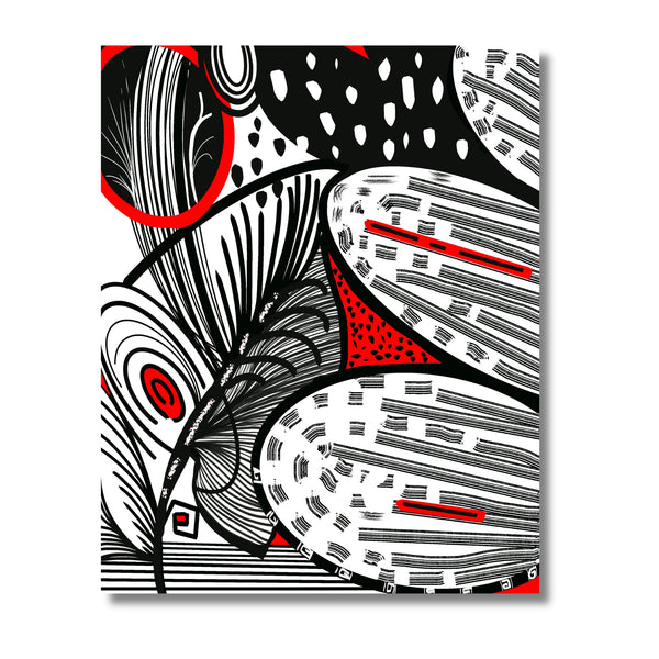 Black, white and red drawing with mat and backer board