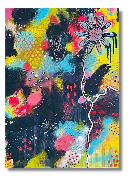 colorful abstract floral art on cover of a 5x7 greeting card that is blank inside