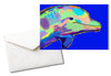 Greeting card with a colorful dolphin on a blue background with a white envelope
