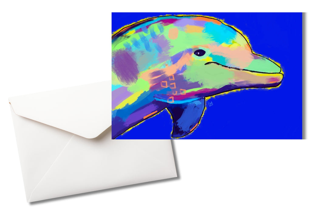 Greeting card with a colorful dolphin on a blue background with a white envelope