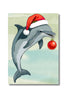 Dolphin wearing a Santa hat and holding a Christmas ornament on a light green background