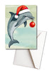 Card with a dolphin wearing a Santa hat and holding a Christmas ornament, on a light green background.