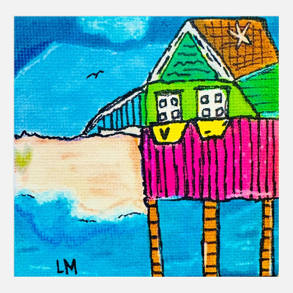 Colorful drawing of a house on stilts with a green roof and pink walls, set against a blue sky.