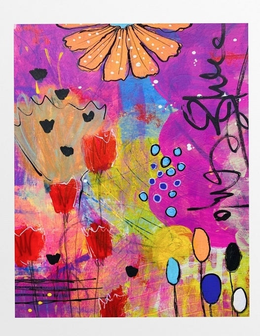 Colorful abstract art with flowers and text on a purple background