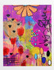 Colorful abstract art with flowers and text on a purple background