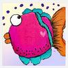 Whimsical fish with a pink body and orange fins on a light purple background