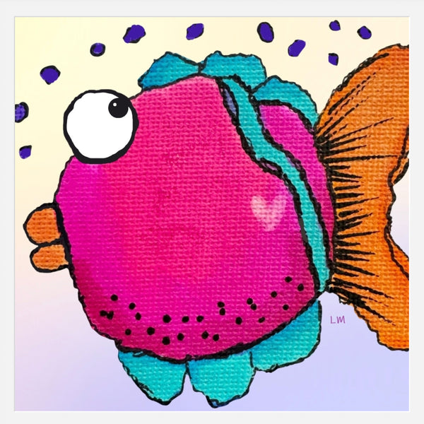Whimsical fish with a pink body and orange fins on a light purple background