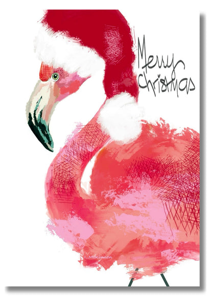 Merry Christmas card that features flamingo artwork and is blank inside