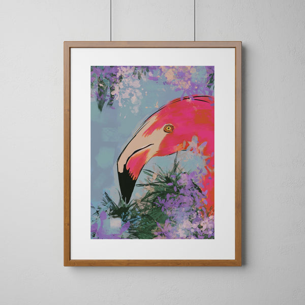 Matted flamingo art print hanging on the wall in a brown frame