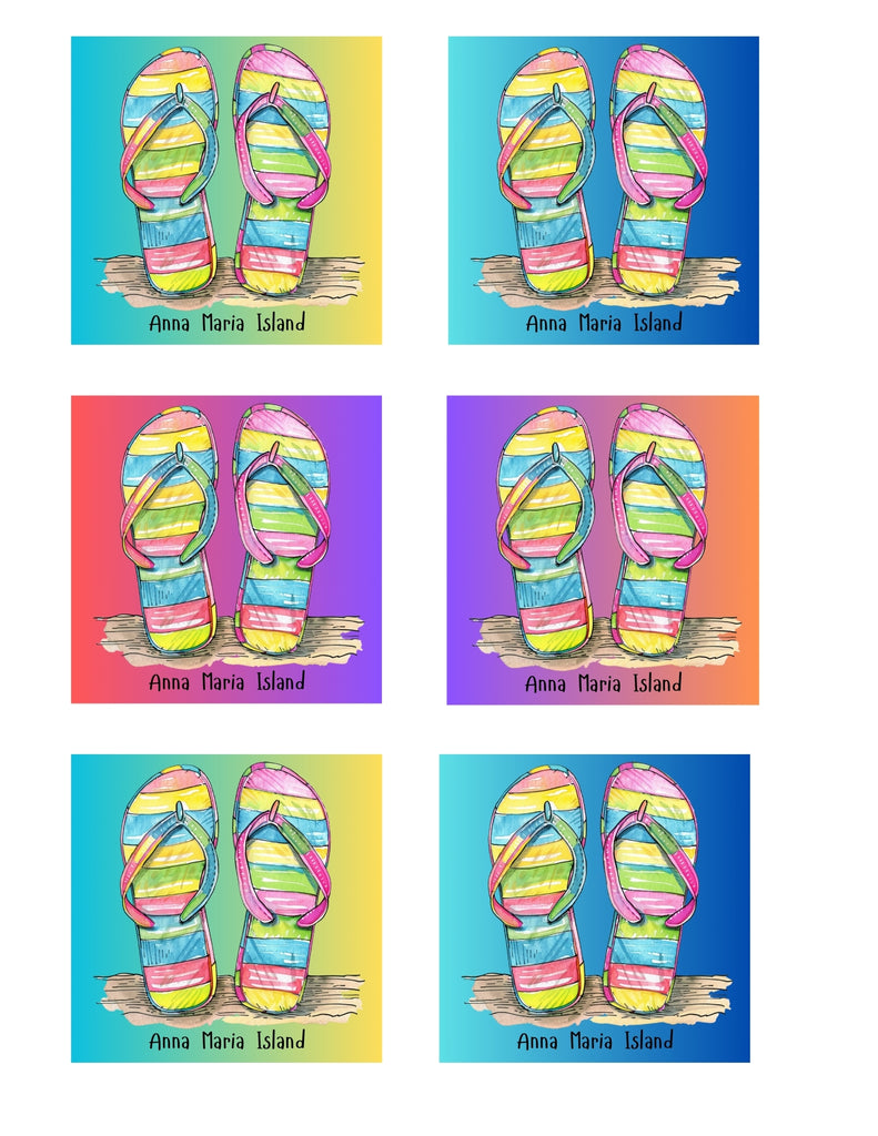 Flip flop art notecards with ombre backgrounds and text saying Anna Maria Island