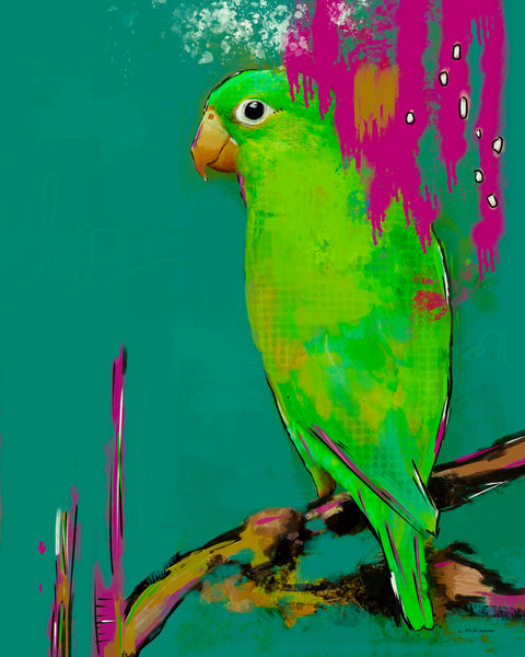 green parrot canvas print measuring 16x20 inches