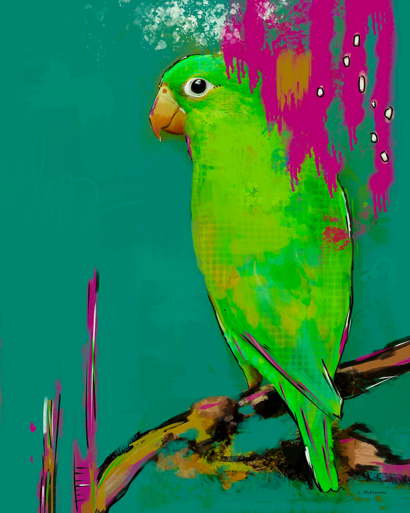 green parrot canvas print measuring 16x20 inches