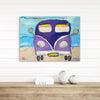 Painting of a purple van with 'Beach' sign on a wooden shelf against a white wall.