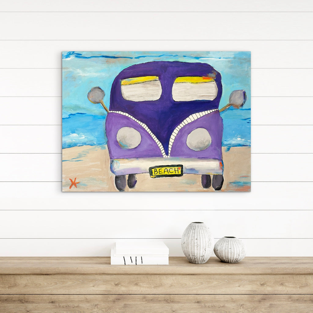 Painting of a purple van with 'Beach' sign on a wooden shelf against a white wall.