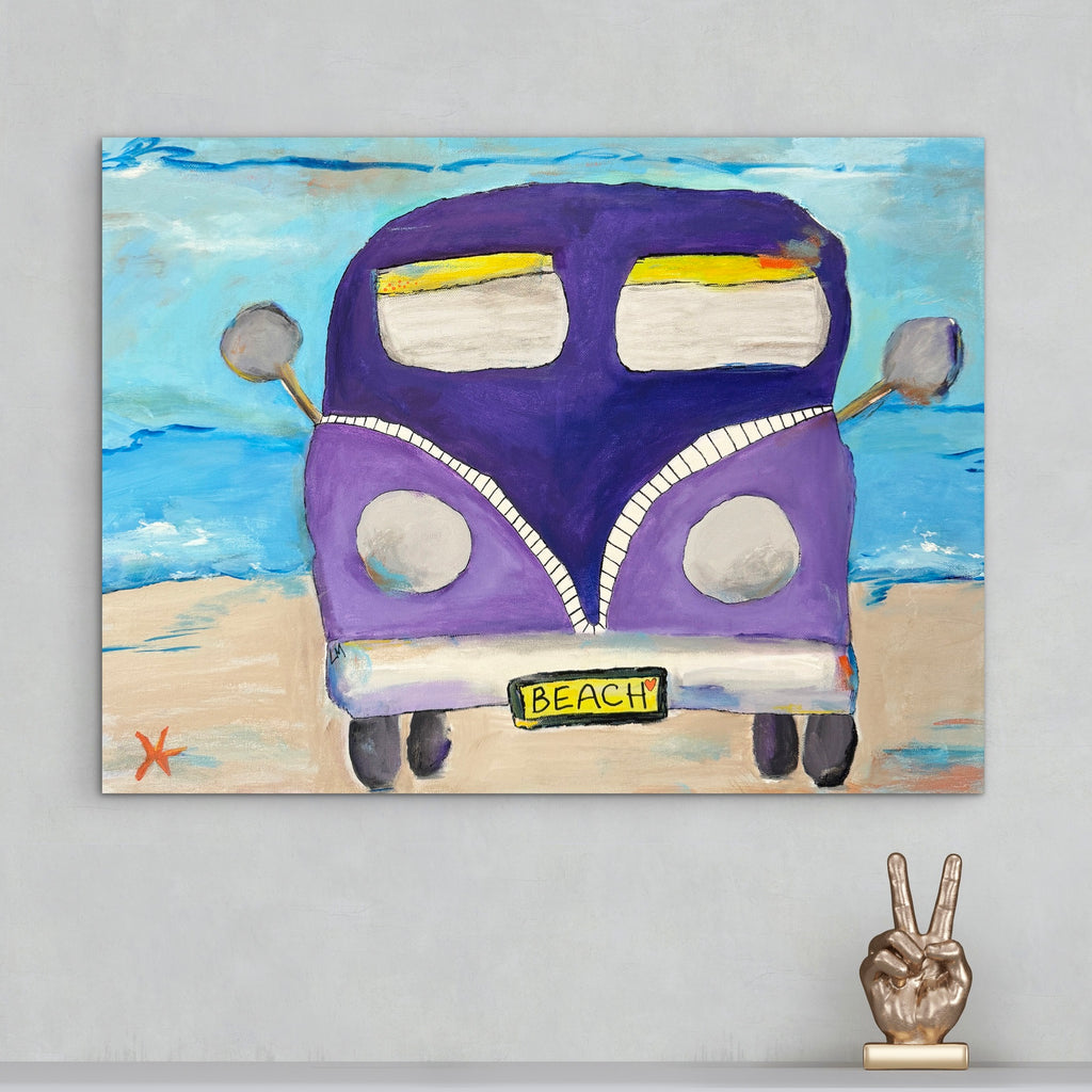 Painting of a purple van with 'Beach' sign on a beach scene, displayed on a wall.