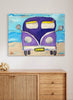 Painting of a purple van on a beach with a wooden cabinet below