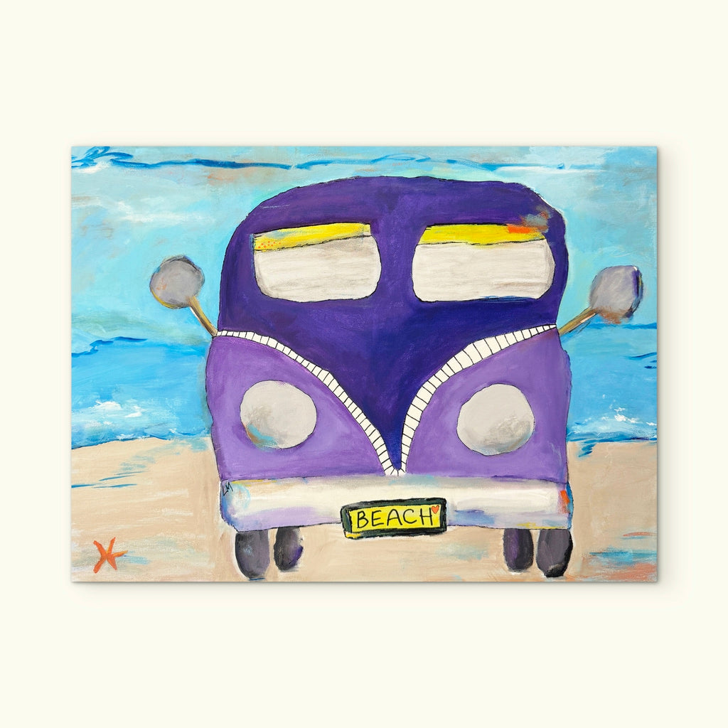 Painting of a purple van with 'Beach' sign on a beach background