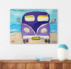Painting of a purple van with 'Beach' sign on a beach scene, displayed on a wall above a wooden shelf.