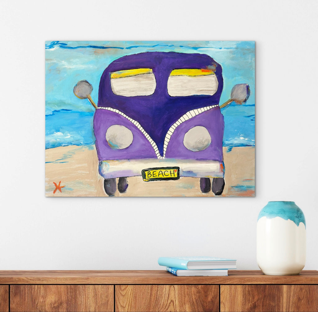Painting of a purple van with 'Beach' sign on a beach scene, displayed on a wall above a wooden shelf.