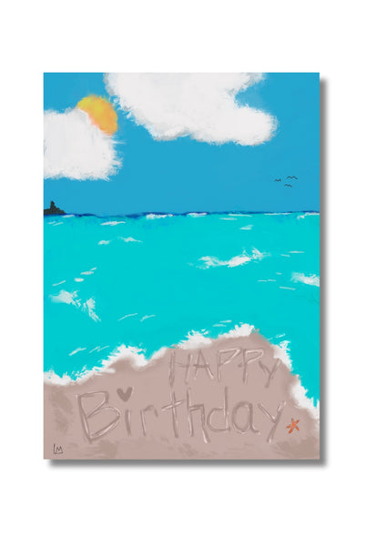 Happy Birthday card with beach scene and "happy birthday"