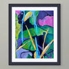 Colorful tropical painting with leaves, branches and a bird displayed in a black frame with a white mat on a gray wall