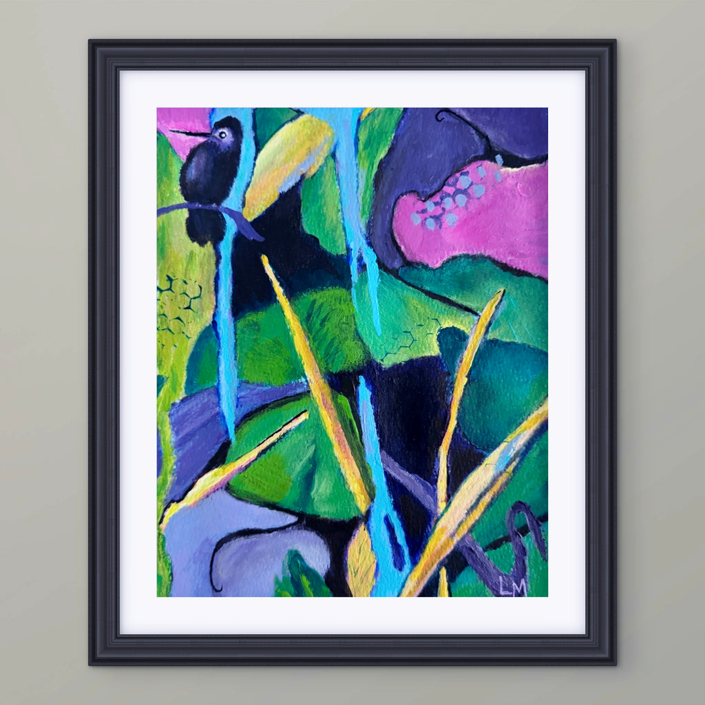 Colorful tropical painting with leaves, branches and a bird displayed in a black frame with a white mat on a gray wall