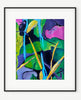 A framed abstract botanical painting featuring vibrant green leaves, bright pink and purple floral shapes, blue vertical streaks, and a small black bird, presented in a black frame with a white mat
