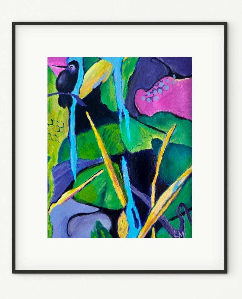 A framed abstract botanical painting featuring vibrant green leaves, bright pink and purple floral shapes, blue vertical streaks, and a small black bird, presented in a black frame with a white mat