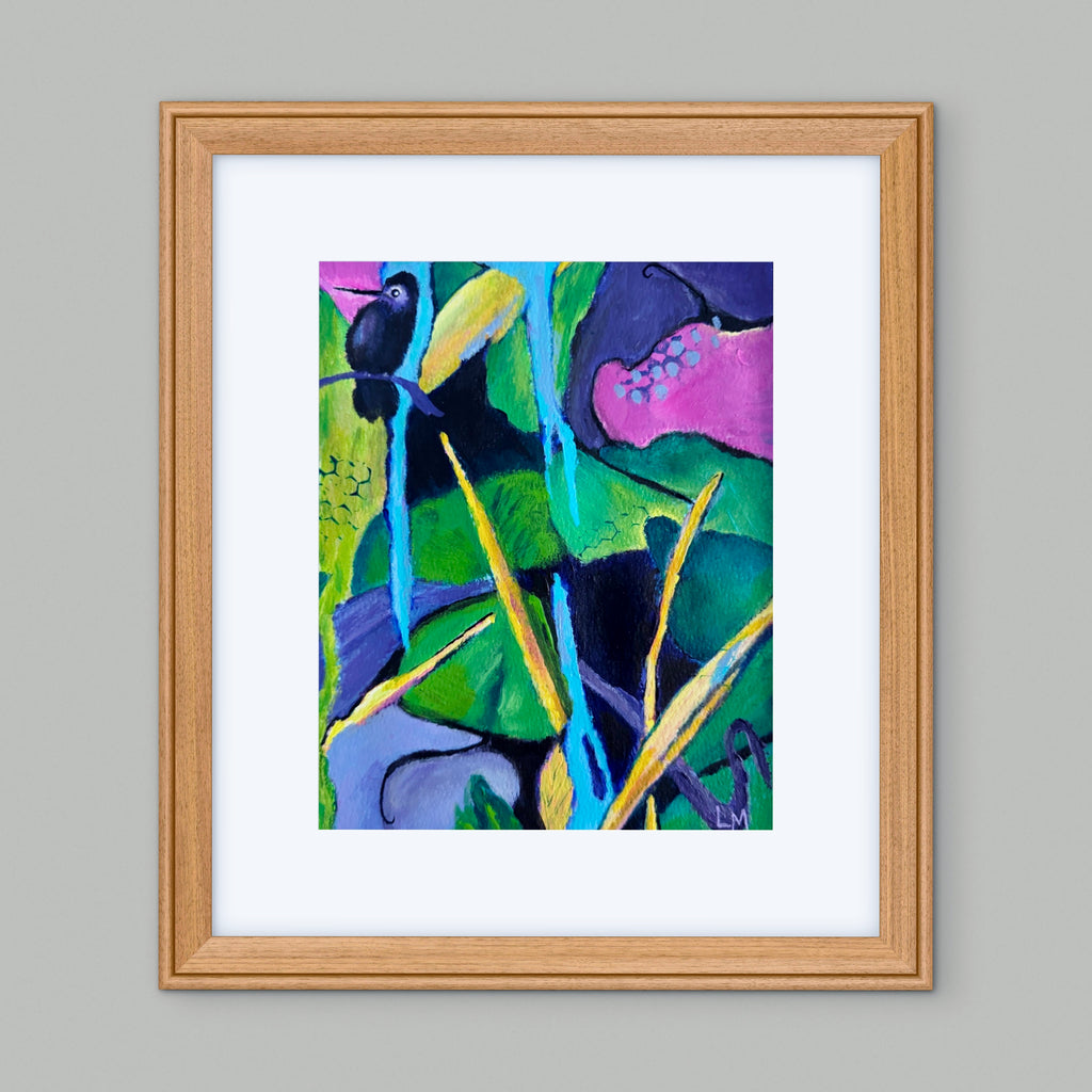 Vibrant painting with leaves, branches and a bird displayed in a wooden frame with a white mat on a pale gray wall