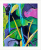 Colorful tropical painting with leaves, branches and a bird displayed in a white mat with the artist's initials in lower right corner