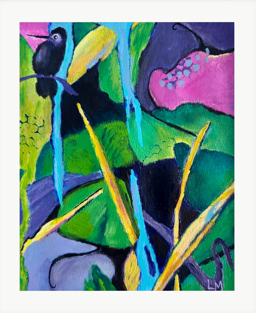 Colorful tropical painting with leaves, branches and a bird displayed in a white mat with the artist's initials in lower right corner