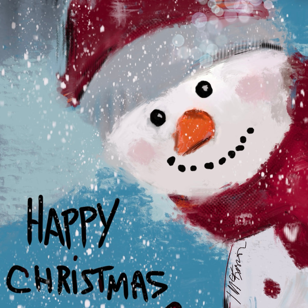 Whimsical snowman artwork on 3x3 blank notecard