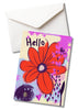 blank greeting card with the word hello and large orange flower