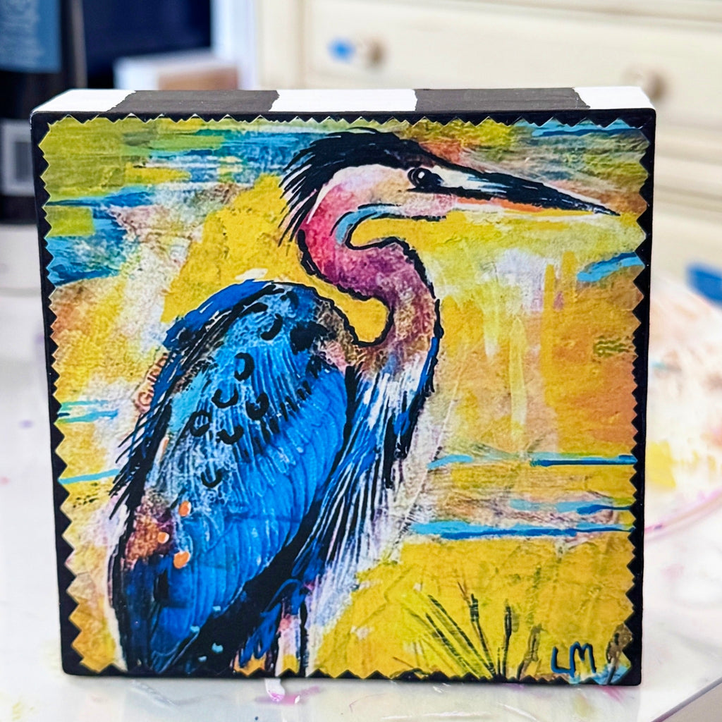 close up of a heron painting