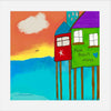 colorful beach house artwork on white background