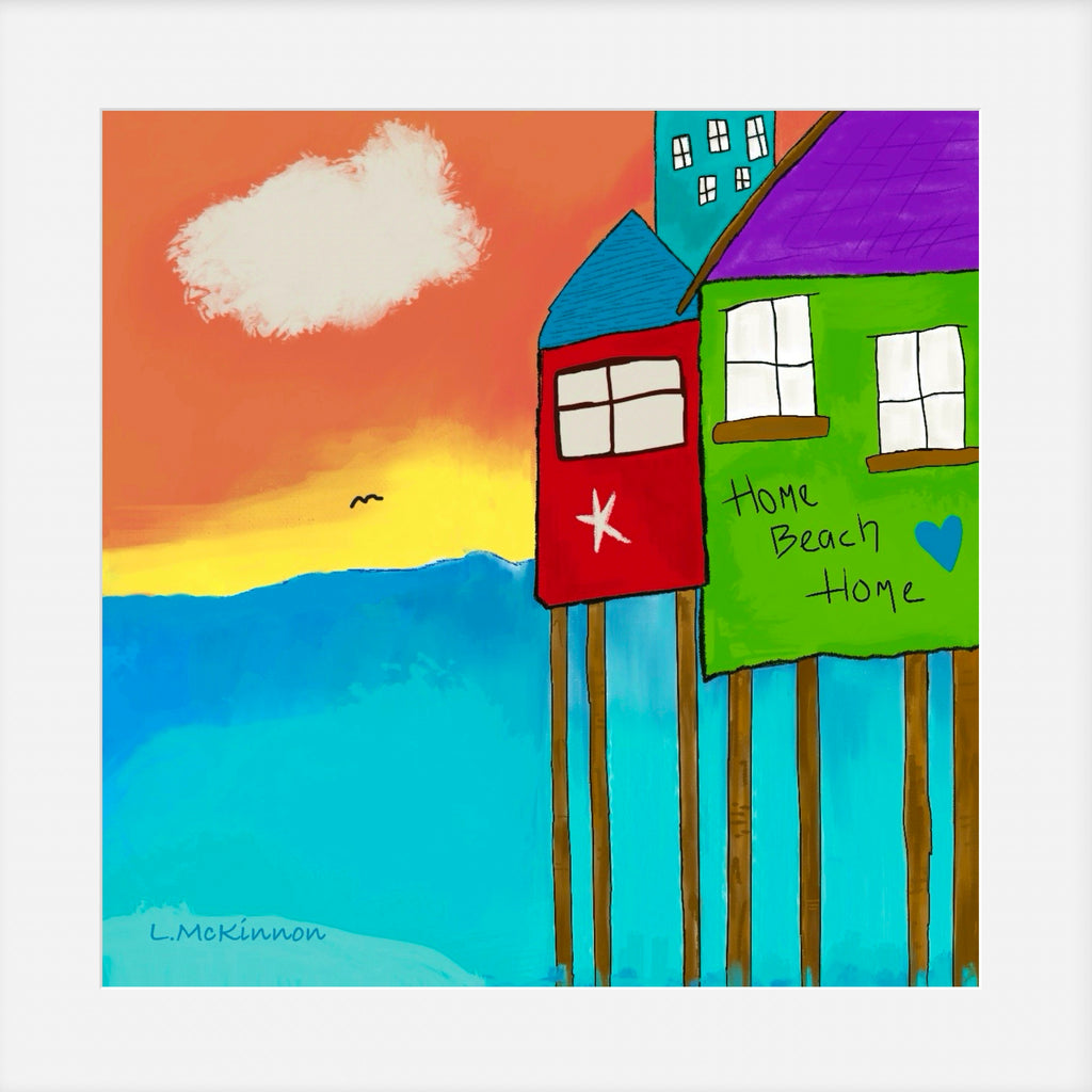 colorful beach house artwork on white background