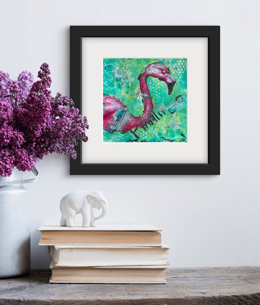 framed original flamingo painting in black frame