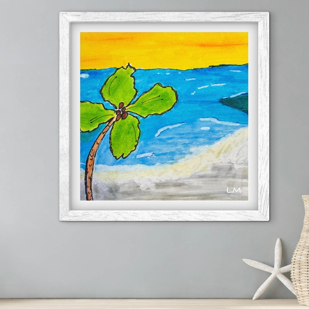 Framed artwork of a tropical scene with a palm tree, blue sky, and yellow sun on a gray wall.